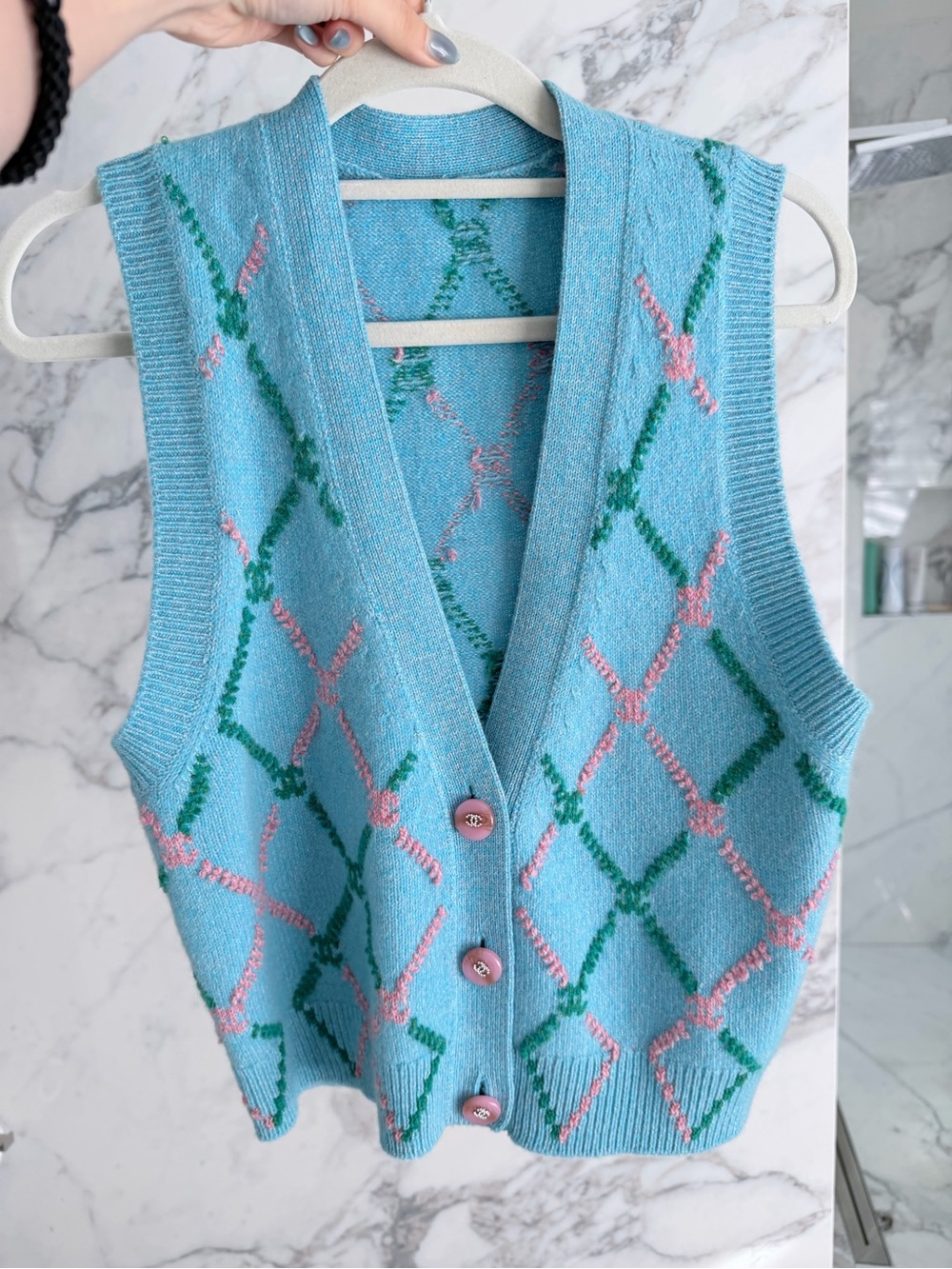 Chanel Blue Patterned Knit Button-Front cashmere Sweater Vest